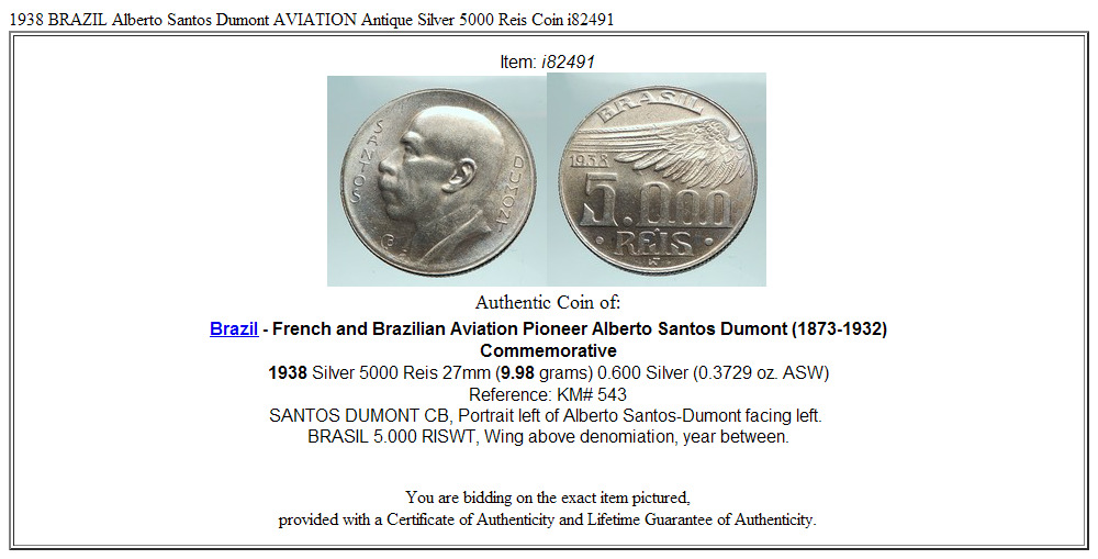 1938 BRAZIL Alberto Santos Dumont AVIATION Antique Silver 5000 Reis Coin i82491