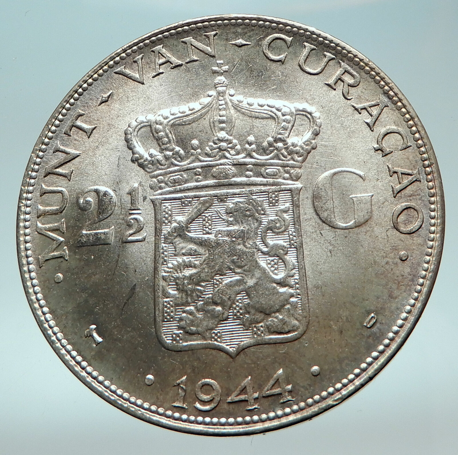 1944 CURACAO Netherlands Kingdom Queen WILHELMINA Silver 2.5 Gulden Coin i82671