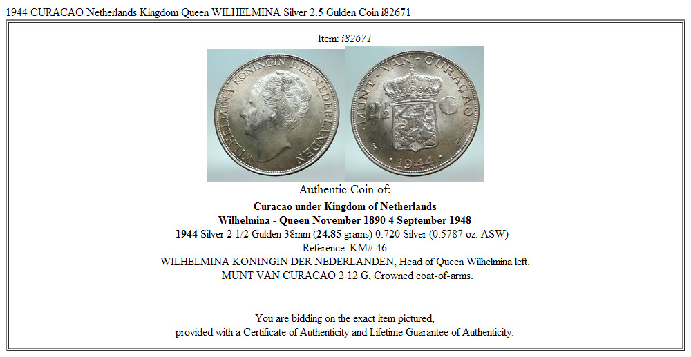 1944 CURACAO Netherlands Kingdom Queen WILHELMINA Silver 2.5 Gulden Coin i82671