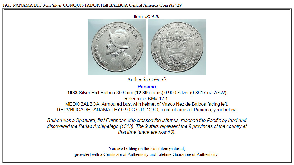 1933 PANAMA BIG 3cm Silver CONQUISTADOR Half BALBOA Central America Coin i82429