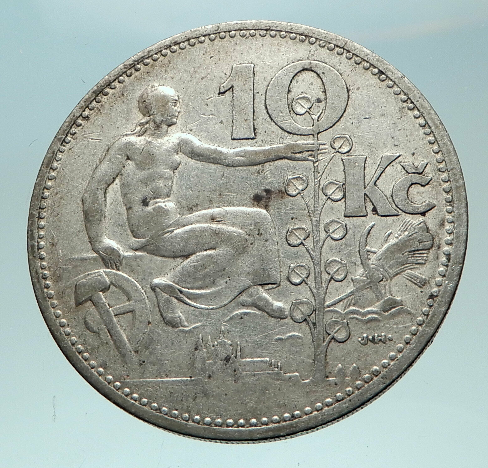 1932 CZECH REPUBLIC Woman & Lime TREE Old Genuine Silver 10 Korun Coin i82681