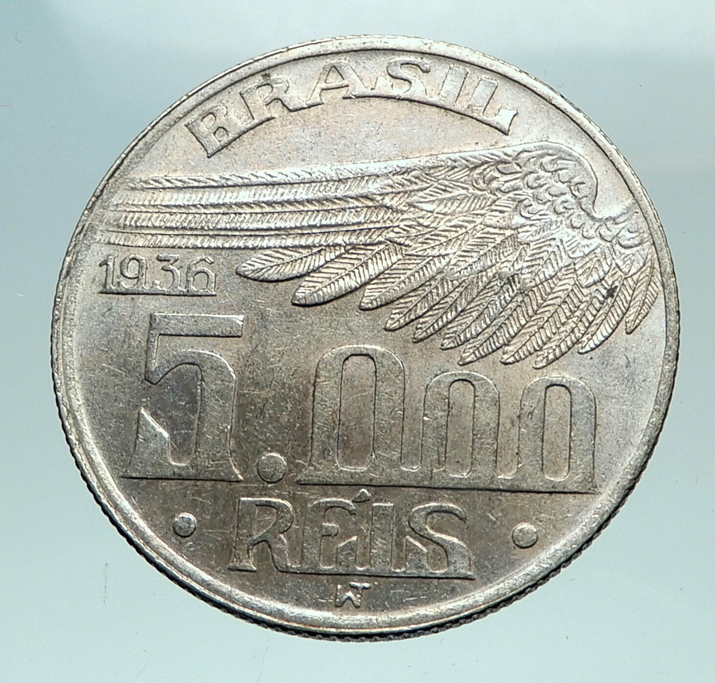 1936 BRAZIL Alberto Santos Dumont AVIATION Antique Silver 5000 Reis Coin i82546