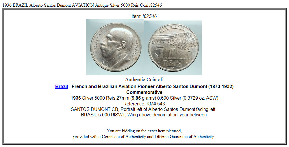 1936 BRAZIL Alberto Santos Dumont AVIATION Antique Silver 5000 Reis Coin i82546