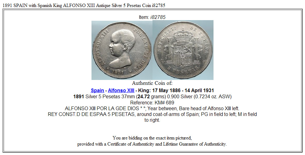 1891 SPAIN with Spanish King ALFONSO XIII Antique Silver 5 Pesetas Coin i82785