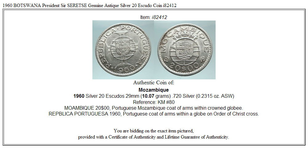 1960 BOTSWANA President Sir SERETSE Genuine Antique Silver 20 Escudo Coin i82412