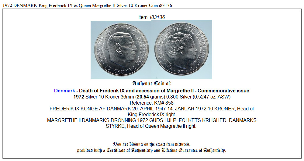 1972 DENMARK King Frederick IX & Queen Margrethe II Silver 10 Kroner Coin i83136