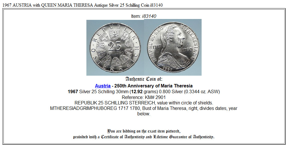 1967 AUSTRIA with QUEEN MARIA THERESA Antique Silver 25 Schilling Coin i83140