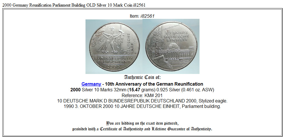 2000 Germany Reunification Parliament Building OLD Silver 10 Mark Coin i82561