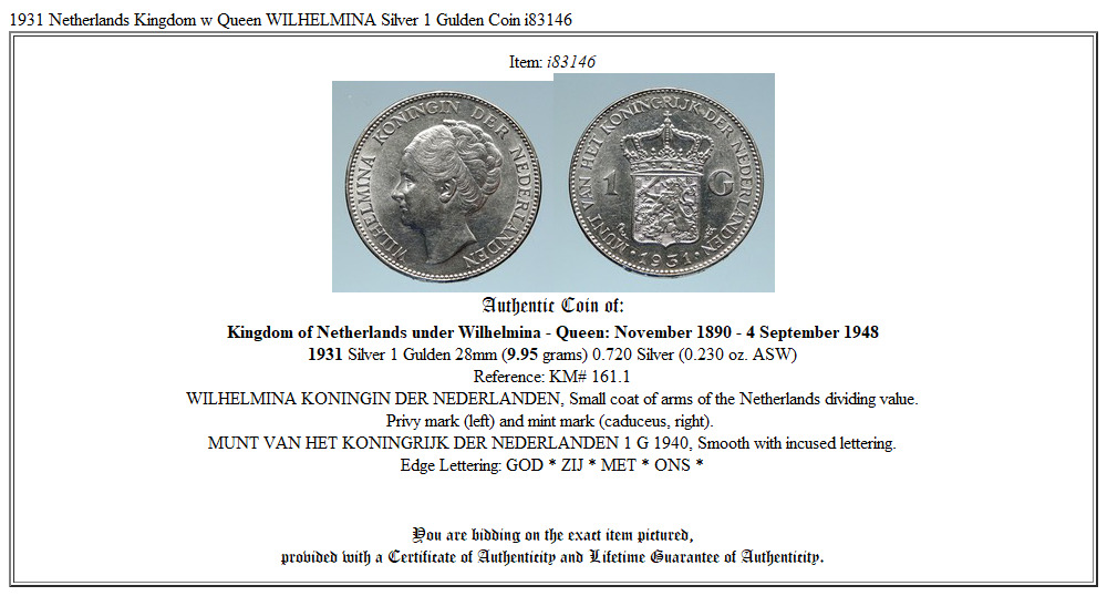 1931 Netherlands Kingdom w Queen WILHELMINA Silver 1 Gulden Coin i83146