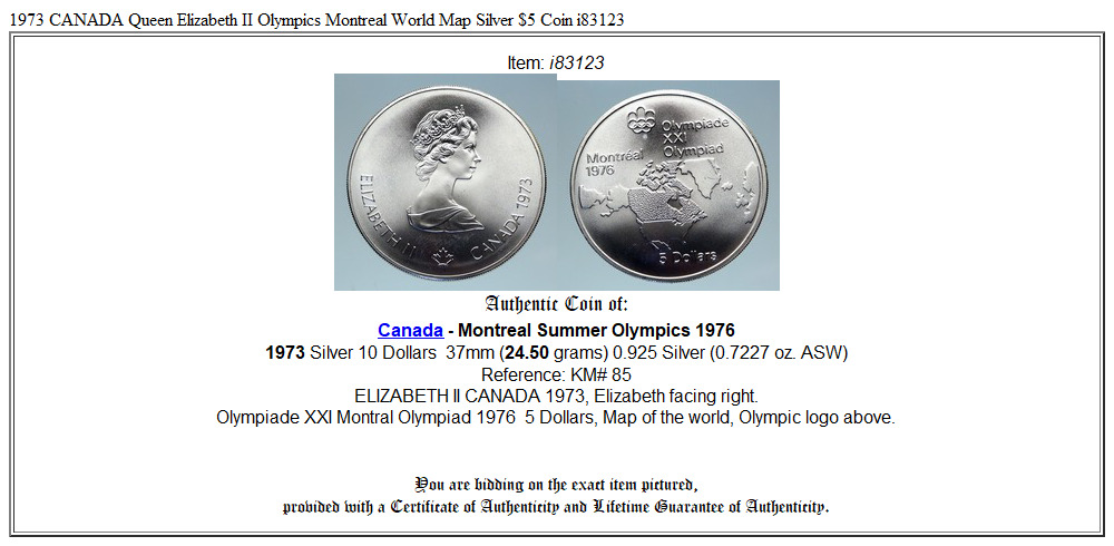 1973 CANADA Queen Elizabeth II Olympics Montreal World Map Silver $5 Coin i83123