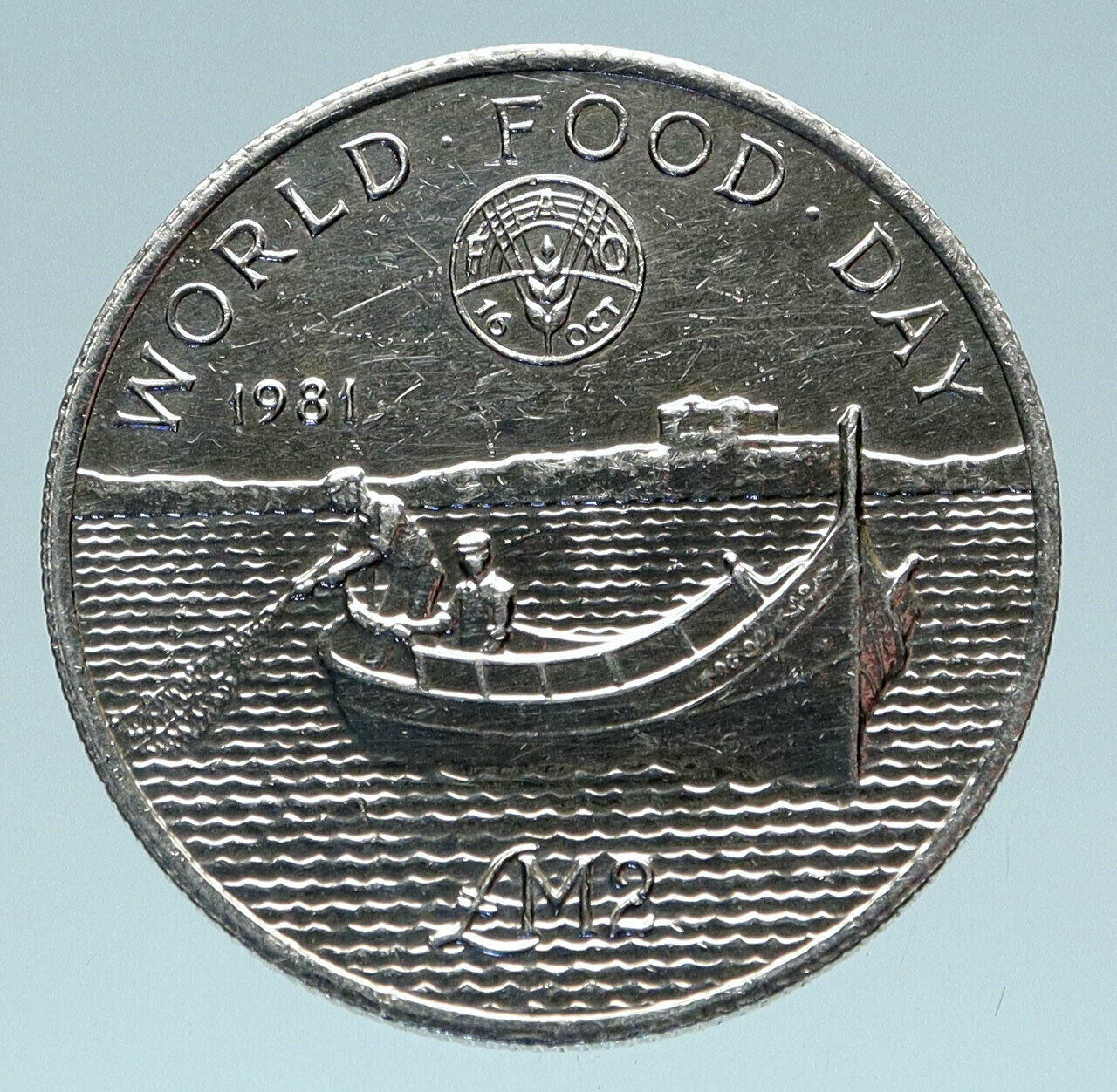 1981 MALTA FAO World Food Day Fishing Boat Genuine Silver 2 Pounds Coin i83129