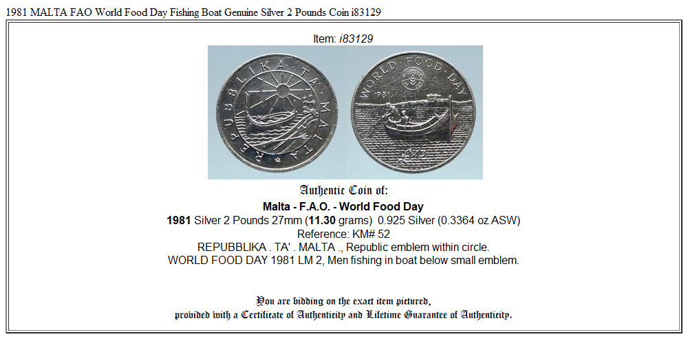 1981 MALTA FAO World Food Day Fishing Boat Genuine Silver 2 Pounds Coin i83129