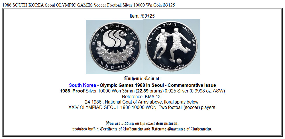 1986 SOUTH KOREA Seoul OLYMPIC GAMES Soccer Football Silver 10000 Wn Coin i83125