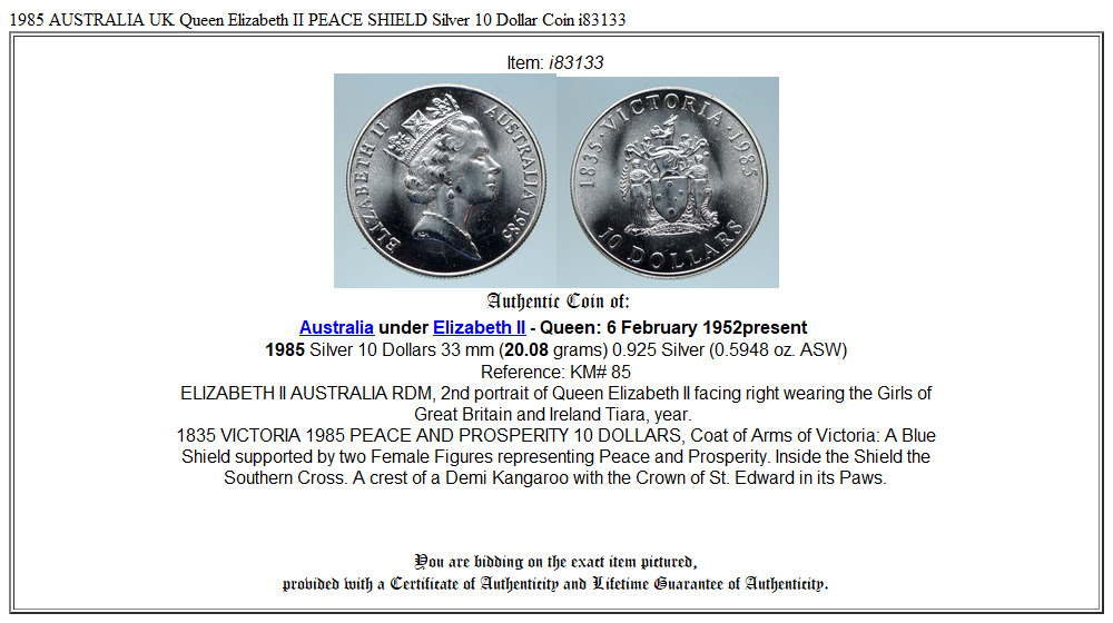 1985 AUSTRALIA UK Queen Elizabeth II PEACE SHIELD Silver 10 Dollar Coin i83133