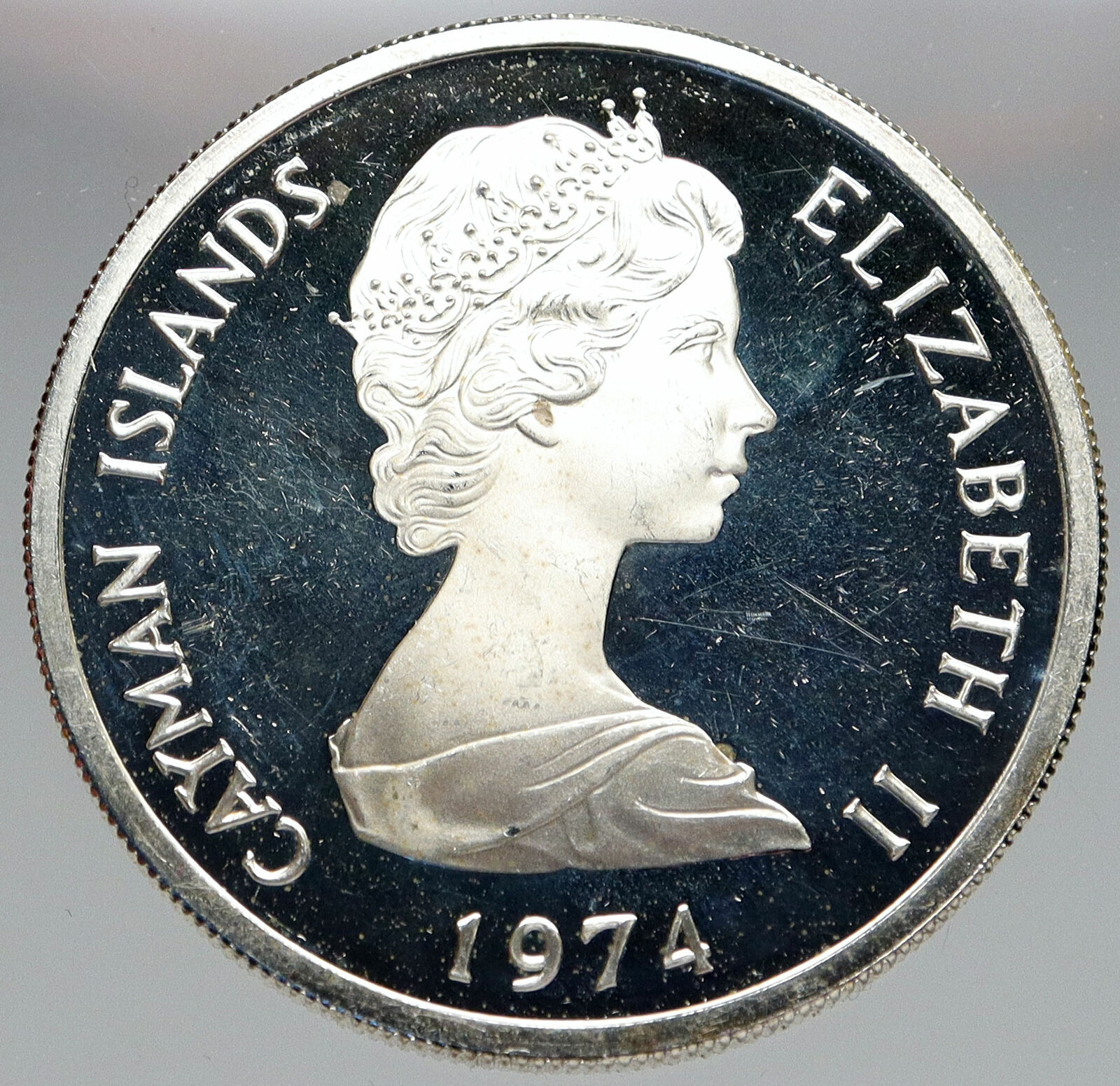 1974 CAYMAN ISLANDS 4.2cm Proof Silver $5 Coin w UK Queen Elizabeth II i83151