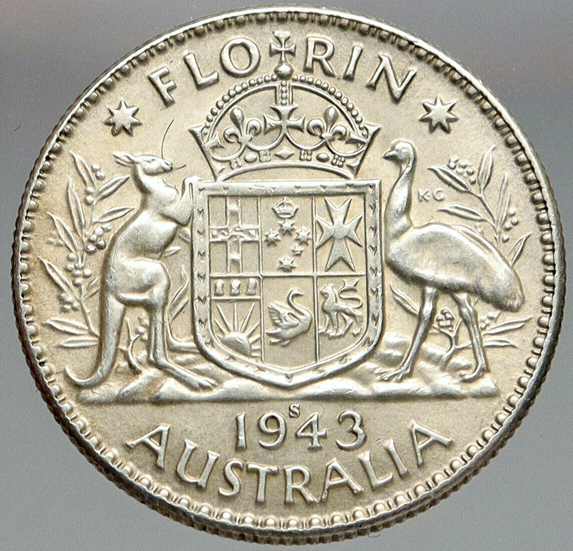 1943 AUSTRALIA Large King George VI Kangaroos Antique Silver Florin Coin i83153