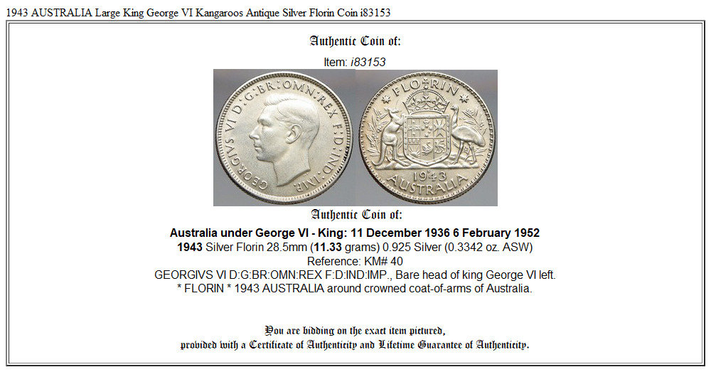 1943 AUSTRALIA Large King George VI Kangaroos Antique Silver Florin Coin i83153