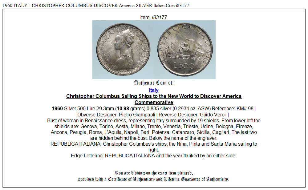 1960 ITALY - CHRISTOPHER COLUMBUS DISCOVER America SILVER Italian Coin i83177