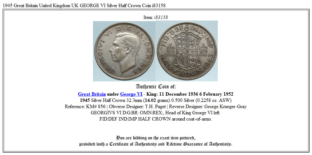 1945 Great Britain United Kingdom UK GEORGE VI Silver Half Crown Coin i83158