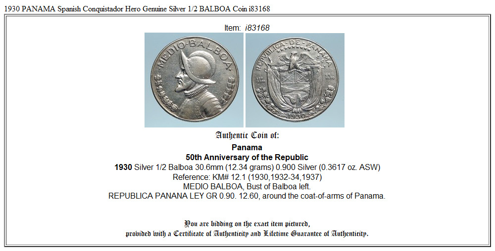 1930 PANAMA Spanish Conquistador Hero Genuine Silver 1/2 BALBOA Coin i83168