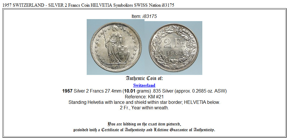 1957 SWITZERLAND - SILVER 2 Francs Coin HELVETIA Symbolizes SWISS Nation i83175