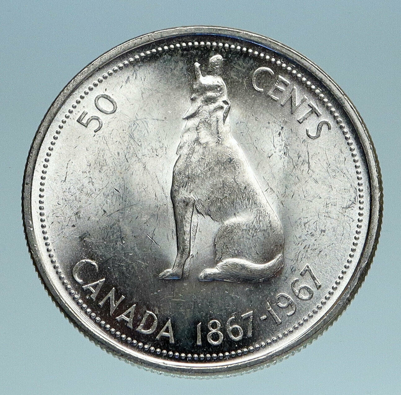 1967 CANADA UK Queen ELIZABETH II Wolf Howls Old Silver 50 Cents Coin i83166