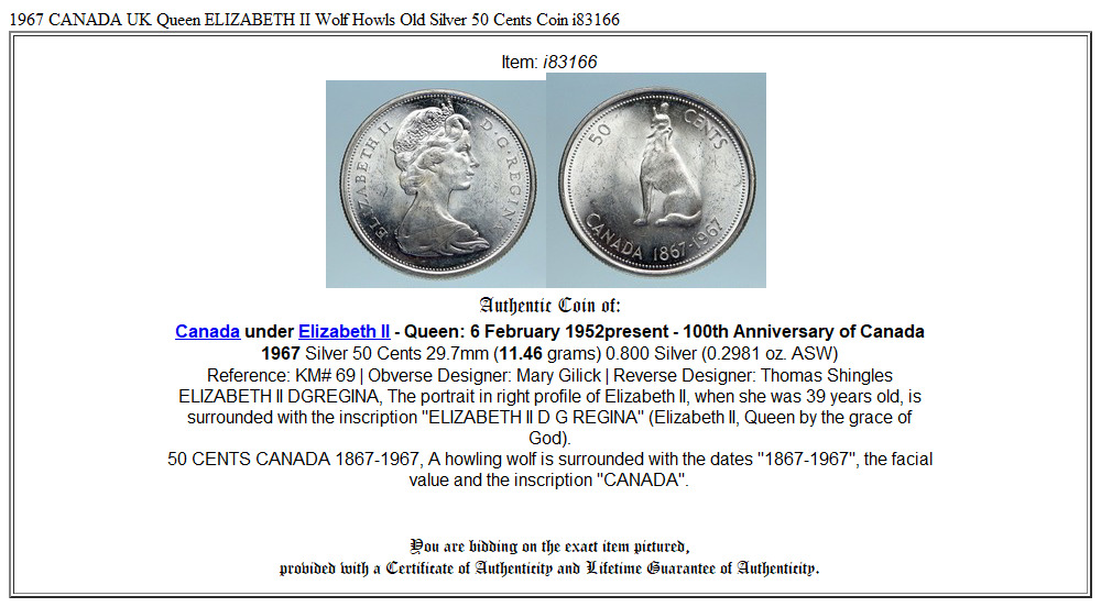 1967 CANADA UK Queen ELIZABETH II Wolf Howls Old Silver 50 Cents Coin i83166