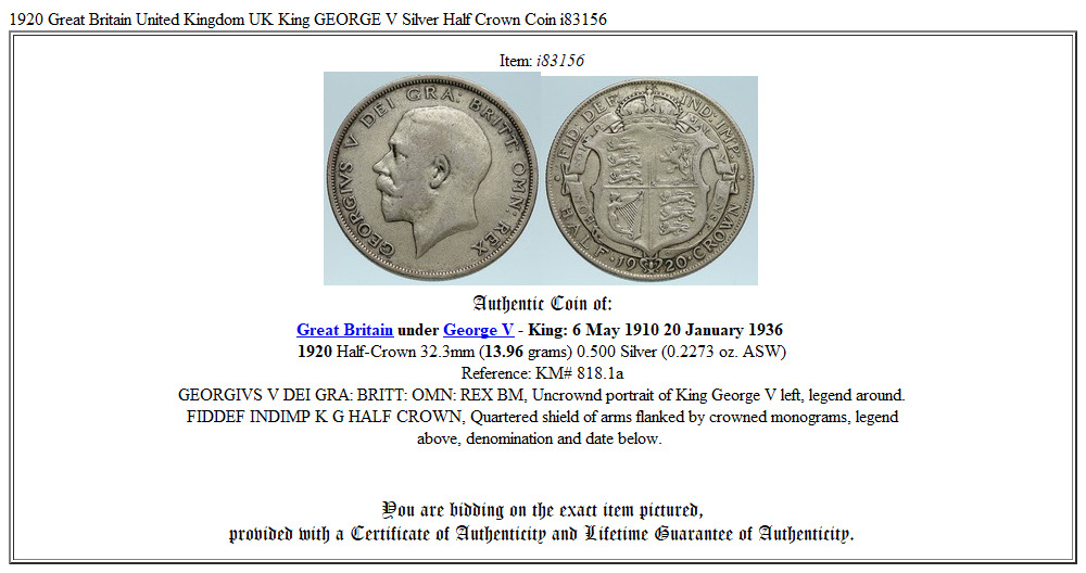 1920 Great Britain United Kingdom UK King GEORGE V Silver Half Crown Coin i83156