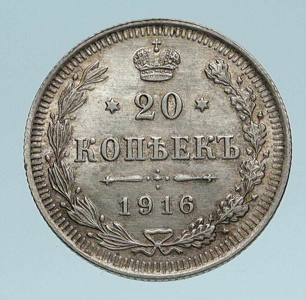 1916 RUSSIA Antique Czar Nicholas II Silver 20 Kopeks RUSSIAN Coin EAGLE i83174