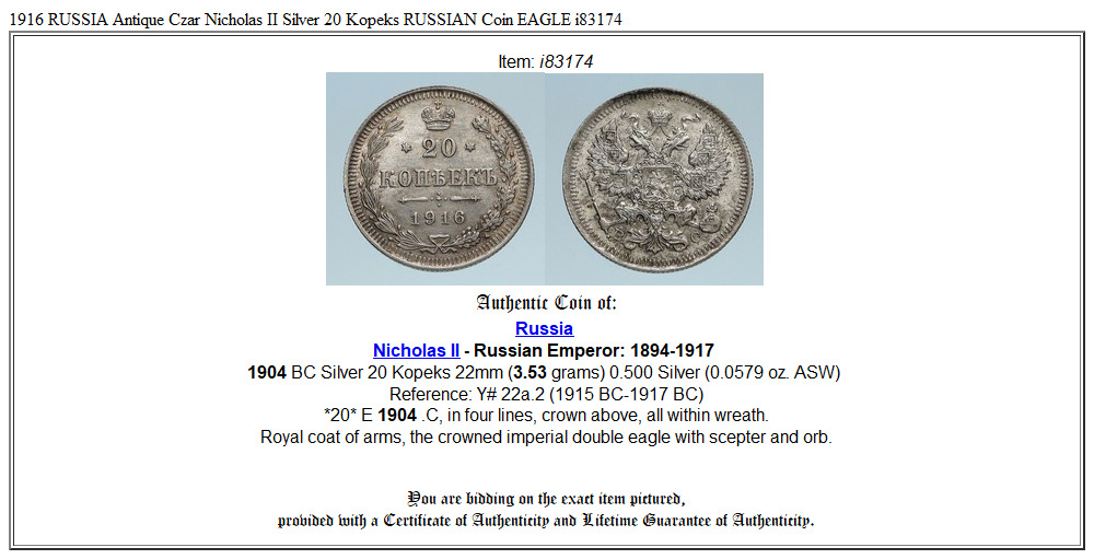 1916 RUSSIA Antique Czar Nicholas II Silver 20 Kopeks RUSSIAN Coin EAGLE i83174