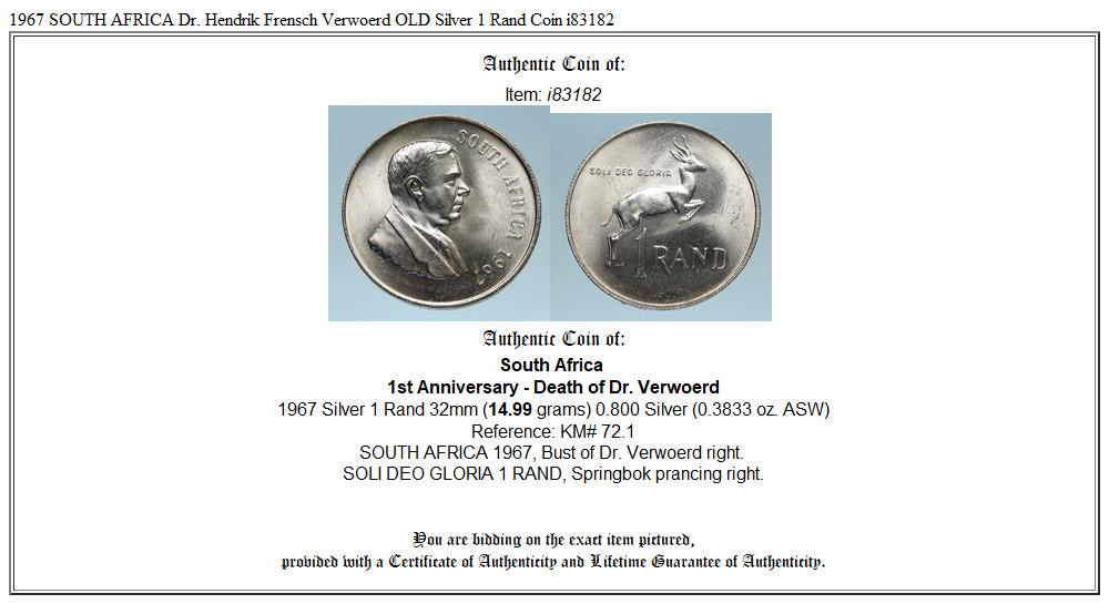 1967 SOUTH AFRICA Dr. Hendrik Frensch Verwoerd OLD Silver 1 Rand Coin i83182