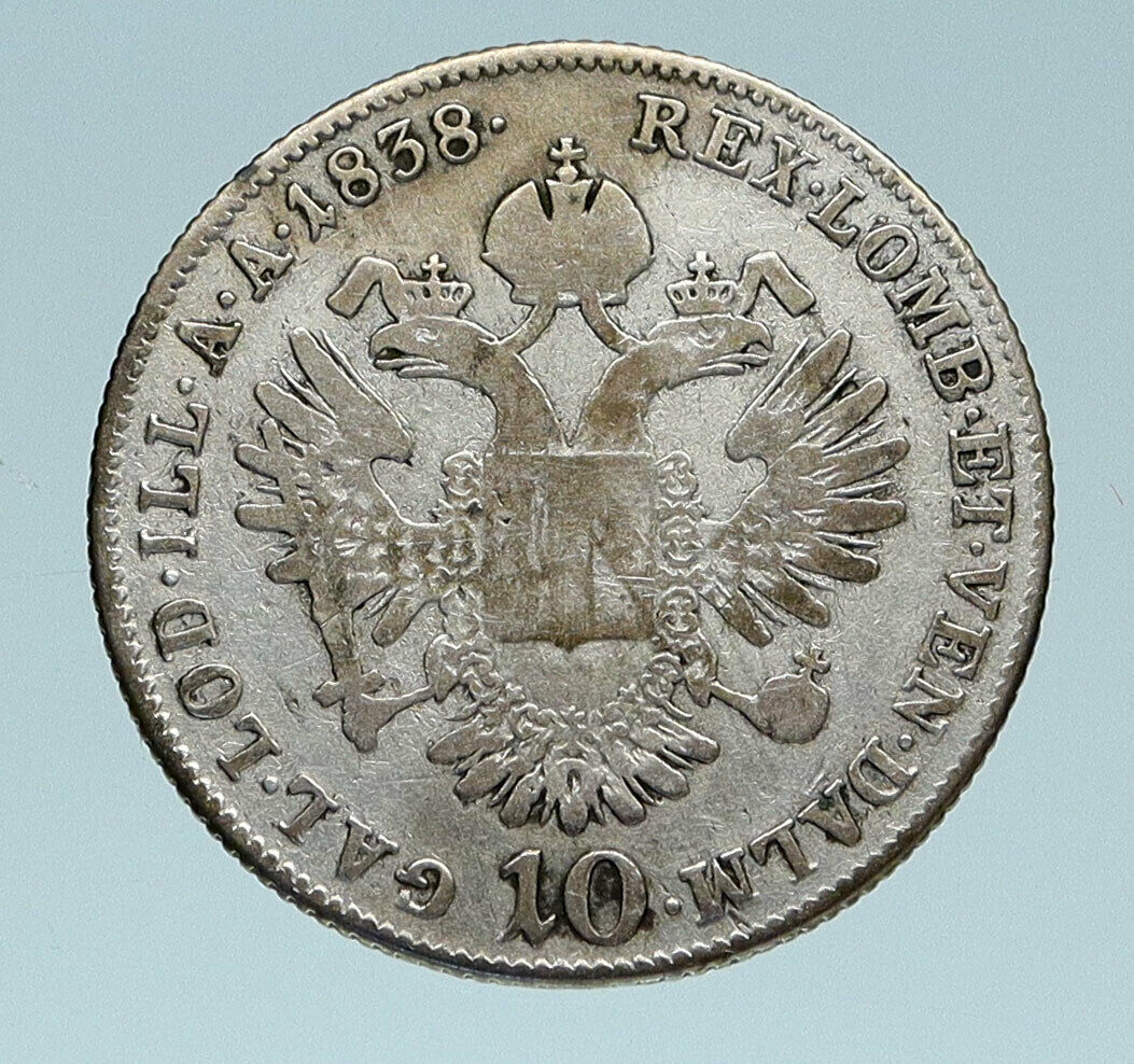 1838 Austria Emperor FERDINAND I Antique Silver Coin 10 Kreuzer Eagle i83189