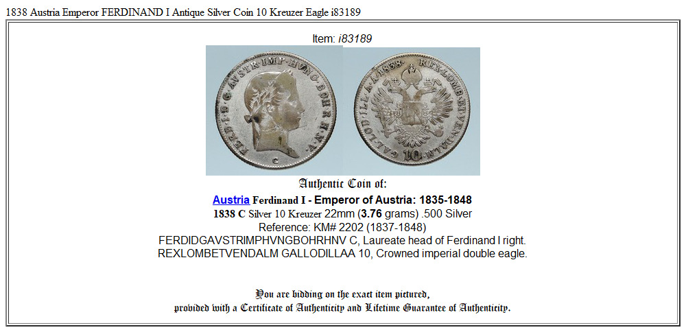 1838 Austria Emperor FERDINAND I Antique Silver Coin 10 Kreuzer Eagle i83189