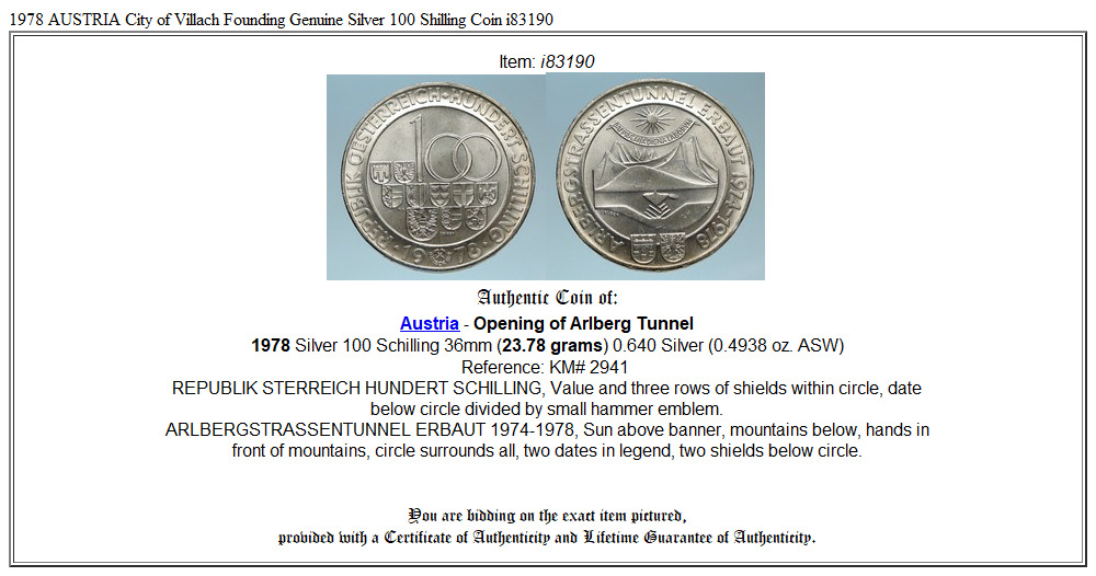 1978 AUSTRIA City of Villach Founding Genuine Silver 100 Shilling Coin i83190