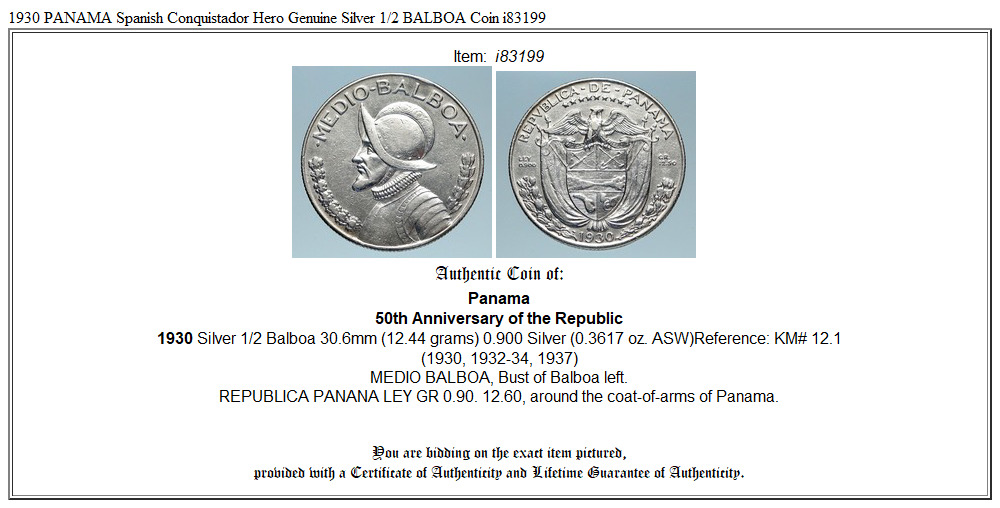 1930 PANAMA Spanish Conquistador Hero Genuine Silver 1/2 BALBOA Coin i83199