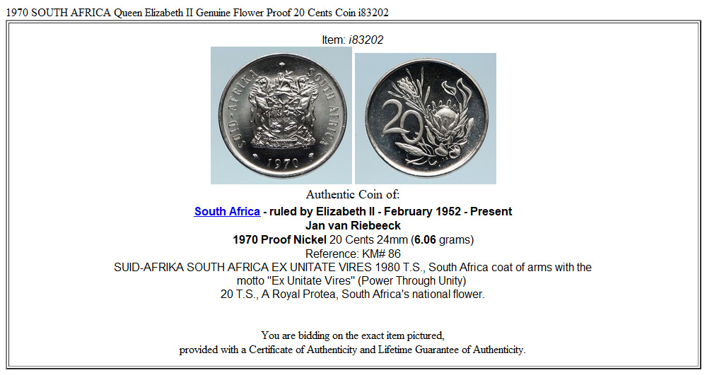 1970 SOUTH AFRICA Queen Elizabeth II Genuine Flower Proof 20 Cents Coin i83202