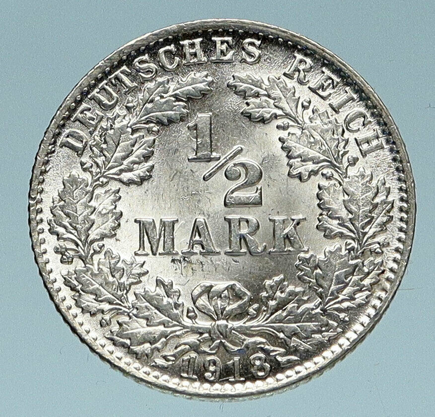 1918 WILHELM II of GERMANY Eagle Antique OLD Silver German 1/2 Mark Coin i83254