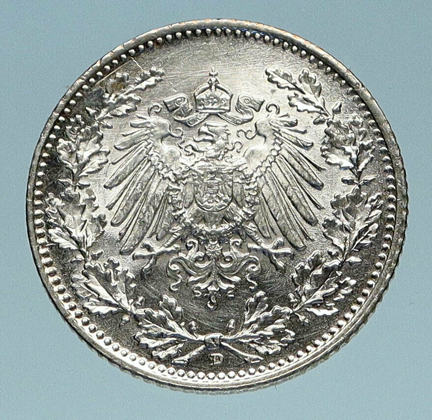 1918 WILHELM II of GERMANY Eagle Antique OLD Silver German 1/2 Mark Coin i83254