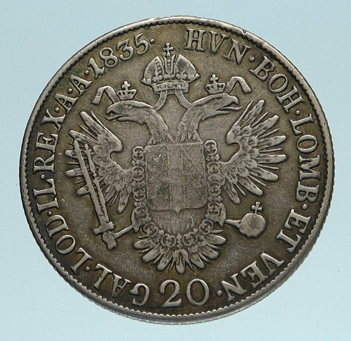 1835 B AUSTRIA Emperor Franz II Hapsburg Genuine Silver 20 Kreuzer Coin i83301