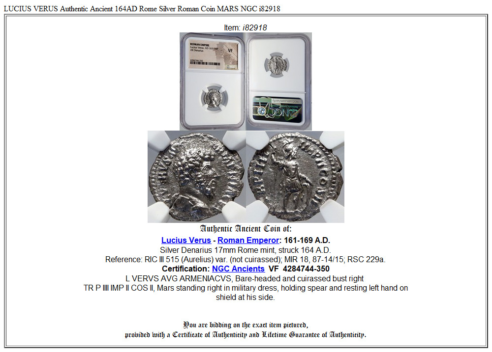 LUCIUS VERUS Authentic Ancient 164AD Rome Silver Roman Coin MARS NGC i82918