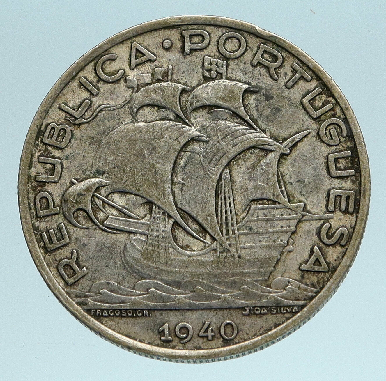 1940 PORTUGAL 0.33oz Silver 10 Escudos Coin w PORTUGUESE SAILING SHIP i83334