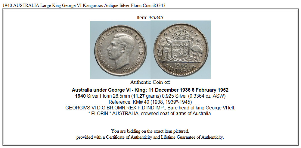 1940 AUSTRALIA Large King George VI Kangaroos Antique Silver Florin Coin i83343