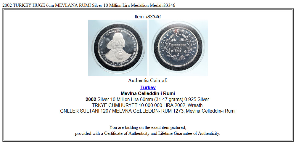 2002 TURKEY HUGE 6cm MEVLANA RUMI Silver 10 Million Lira Medallion Medal i83346