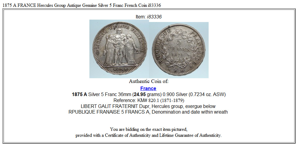 1875 A FRANCE Hercules Group Antique Genuine Silver 5 Franc French Coin i83336