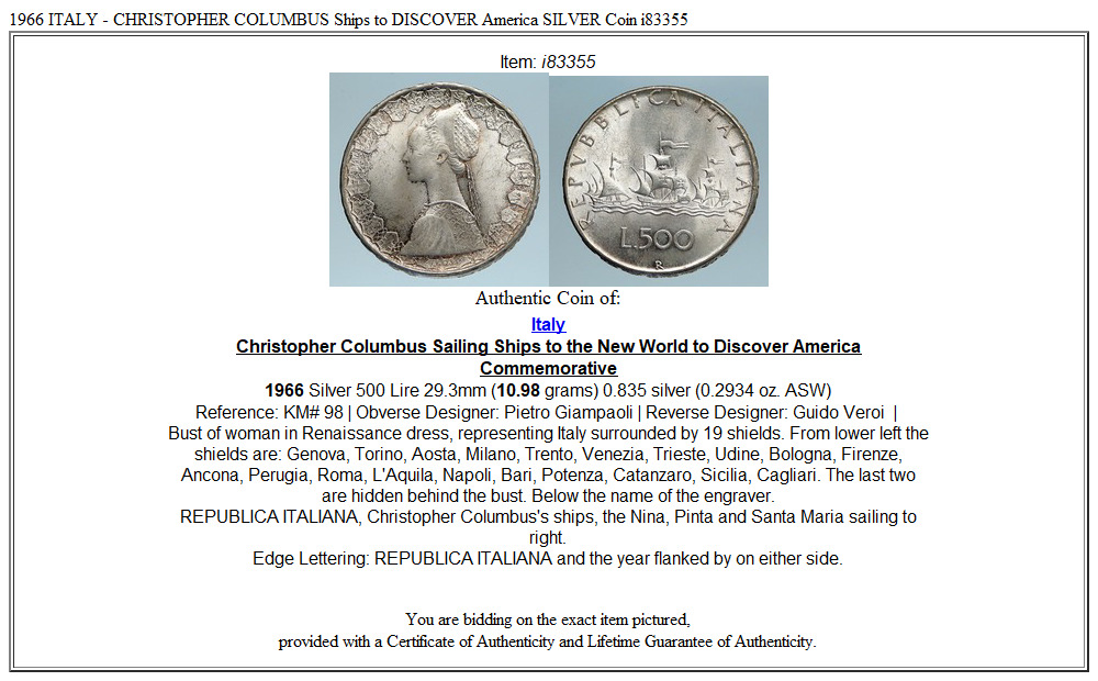 1966 ITALY - CHRISTOPHER COLUMBUS Ships to DISCOVER America SILVER Coin i83355