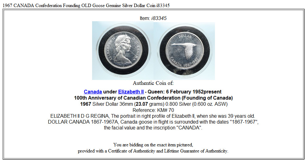 1967 CANADA Confederation Founding OLD Goose Genuine Silver Dollar Coin i83345