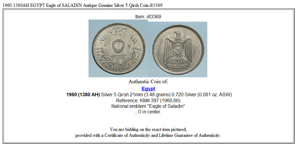 1960 1380AH EGYPT Eagle of SALADIN Antique Genuine Silver 5 Qirsh Coin i83369