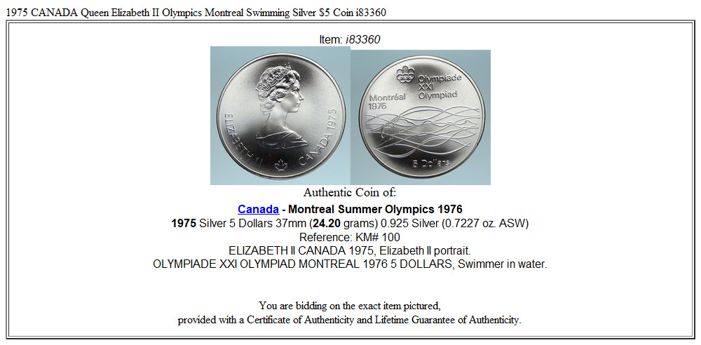 1975 CANADA Queen Elizabeth II Olympics Montreal Swimming Silver $5 Coin i83360