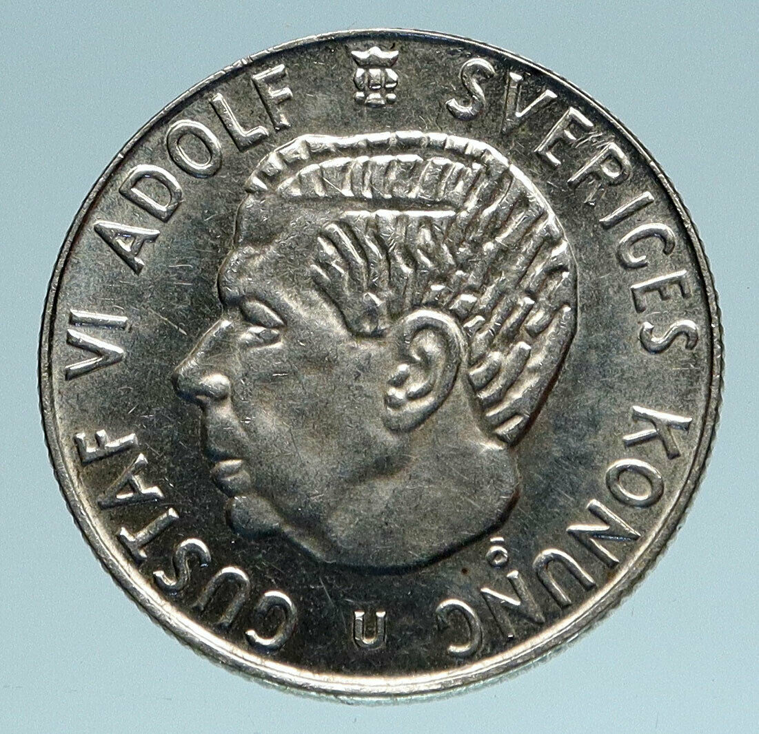 1961 SWEDEN King GUSTAV VI ADOLF Krona Silver SWEDISH Coin Coat of Arms i83366