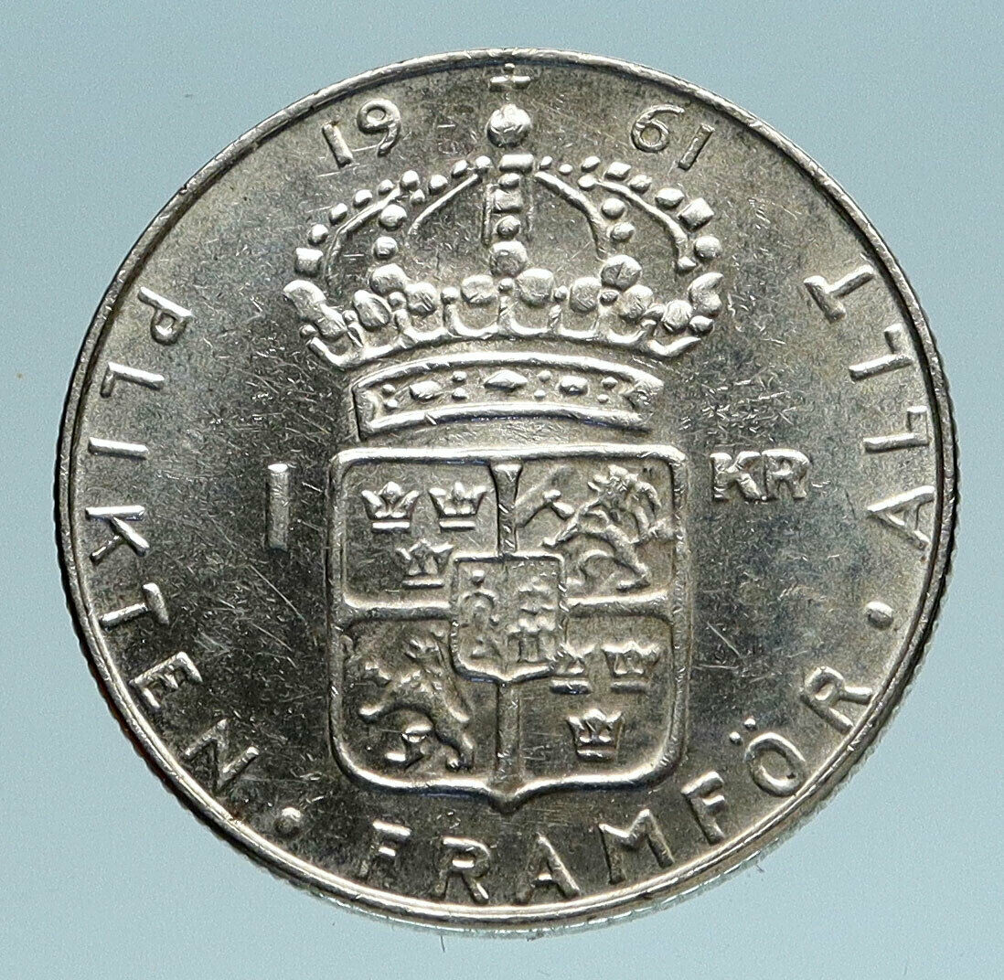 1961 SWEDEN King GUSTAV VI ADOLF Krona Silver SWEDISH Coin Coat of Arms i83366